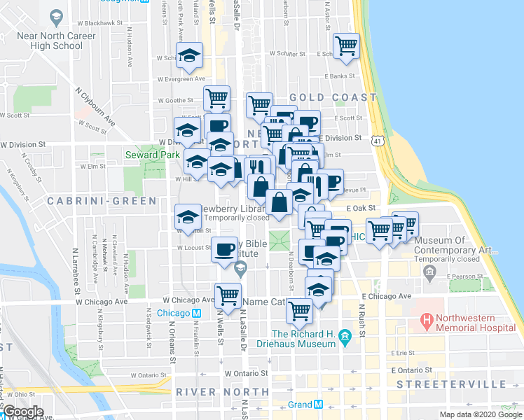 map of restaurants, bars, coffee shops, grocery stores, and more near 104 West Oak Street in Chicago