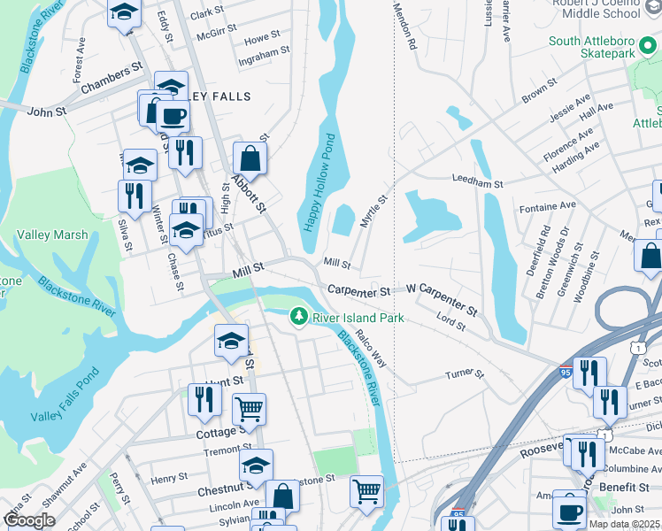 map of restaurants, bars, coffee shops, grocery stores, and more near 129 Mill Street in Cumberland