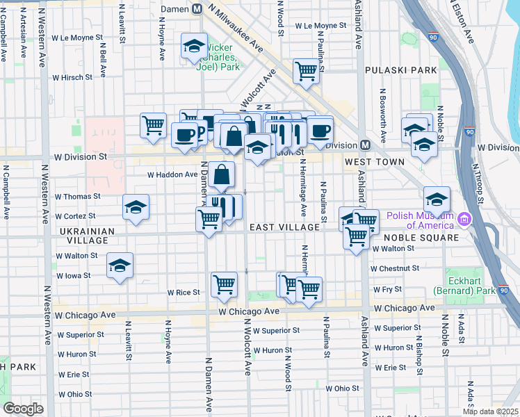 map of restaurants, bars, coffee shops, grocery stores, and more near 1036 North Honore Street in Chicago