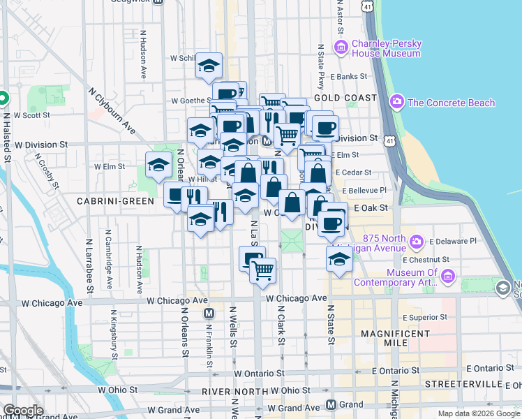 map of restaurants, bars, coffee shops, grocery stores, and more near 1003 North La Salle Drive in Chicago