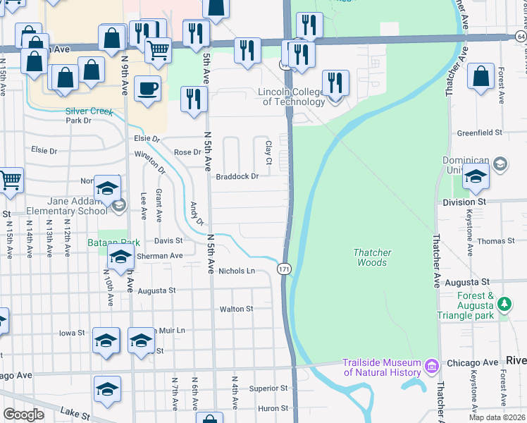 map of restaurants, bars, coffee shops, grocery stores, and more near 261 Division Street in Melrose Park