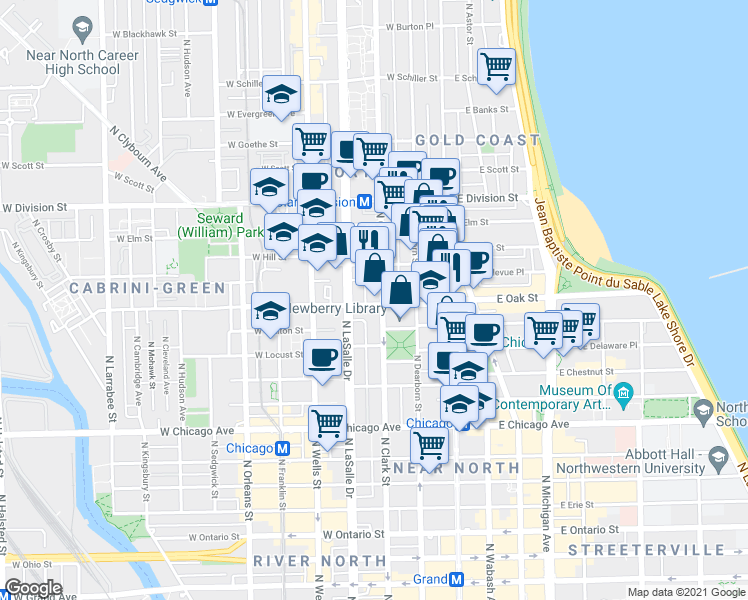 map of restaurants, bars, coffee shops, grocery stores, and more near 1030 North Clark Street in Chicago