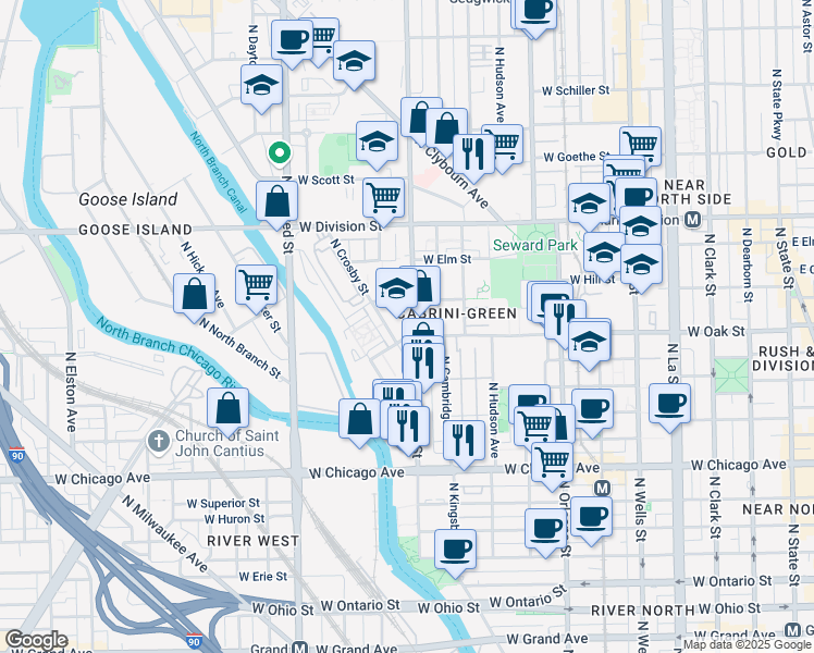 map of restaurants, bars, coffee shops, grocery stores, and more near in Chicago