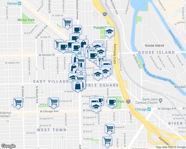 map of restaurants, bars, coffee shops, grocery stores, and more near 1450 West Cortez Street in Chicago