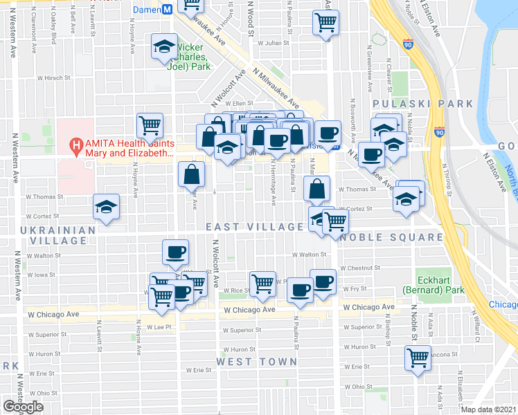 map of restaurants, bars, coffee shops, grocery stores, and more near 1049 North Wood Street in Chicago