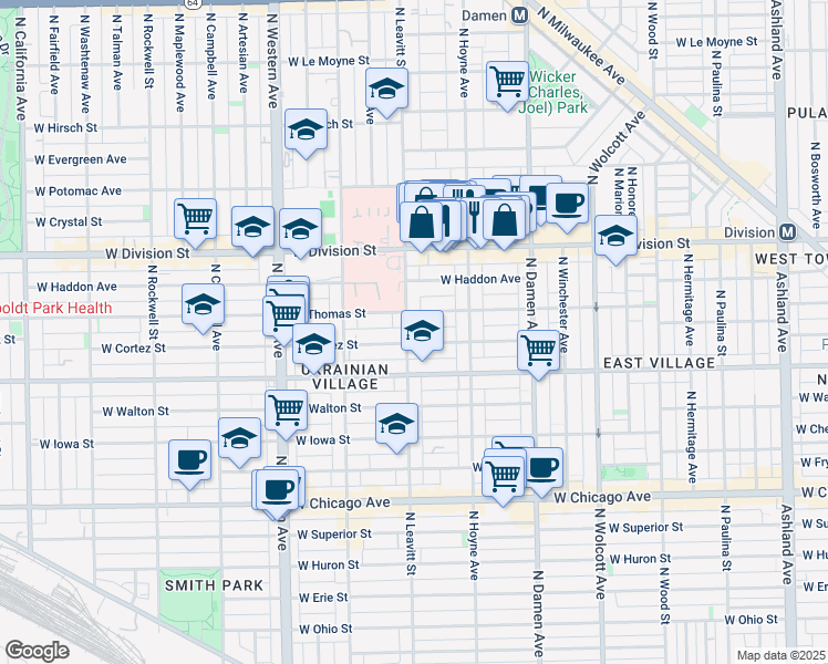 map of restaurants, bars, coffee shops, grocery stores, and more near in Chicago