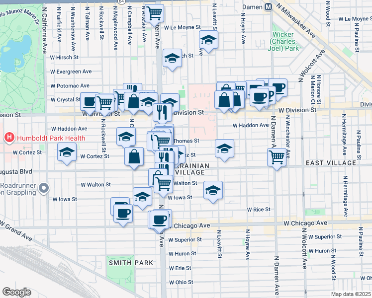 map of restaurants, bars, coffee shops, grocery stores, and more near 2323 West Thomas Street in Chicago