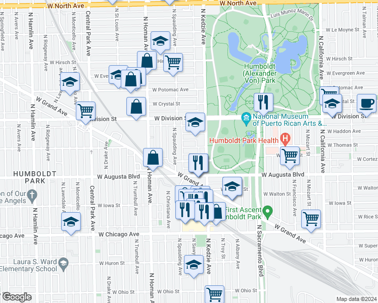 map of restaurants, bars, coffee shops, grocery stores, and more near 3226 West Thomas Street in Chicago