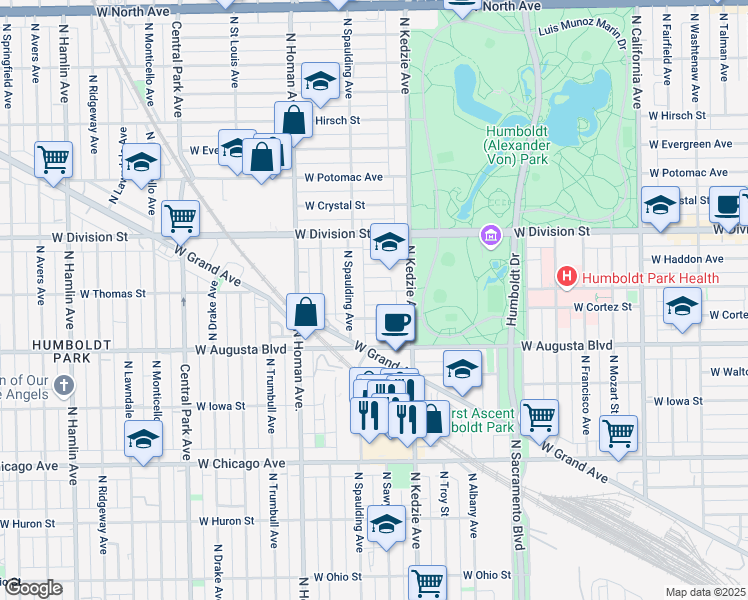 map of restaurants, bars, coffee shops, grocery stores, and more near 3226 West Thomas Street in Chicago