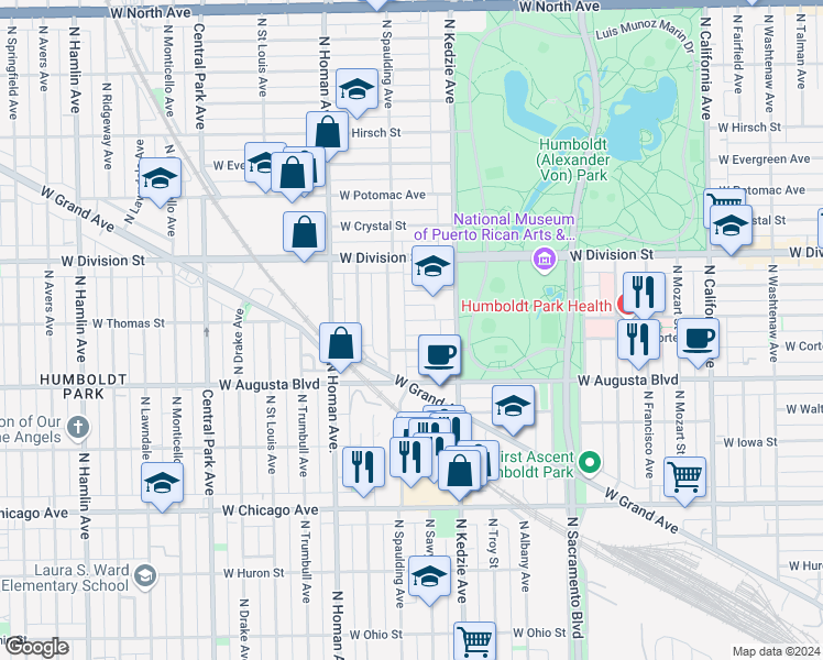 map of restaurants, bars, coffee shops, grocery stores, and more near 3226 West Thomas Street in Chicago