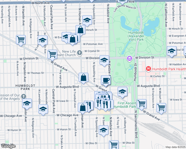 map of restaurants, bars, coffee shops, grocery stores, and more near 1064 North Spaulding Avenue in Chicago