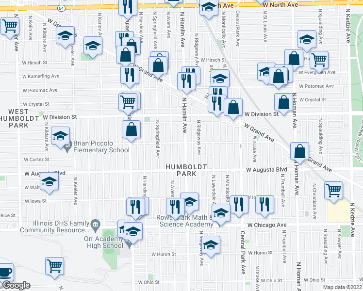 map of restaurants, bars, coffee shops, grocery stores, and more near 1100 North Hamlin Avenue in Chicago