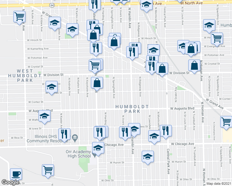 map of restaurants, bars, coffee shops, grocery stores, and more near 1100 North Avers Avenue in Chicago