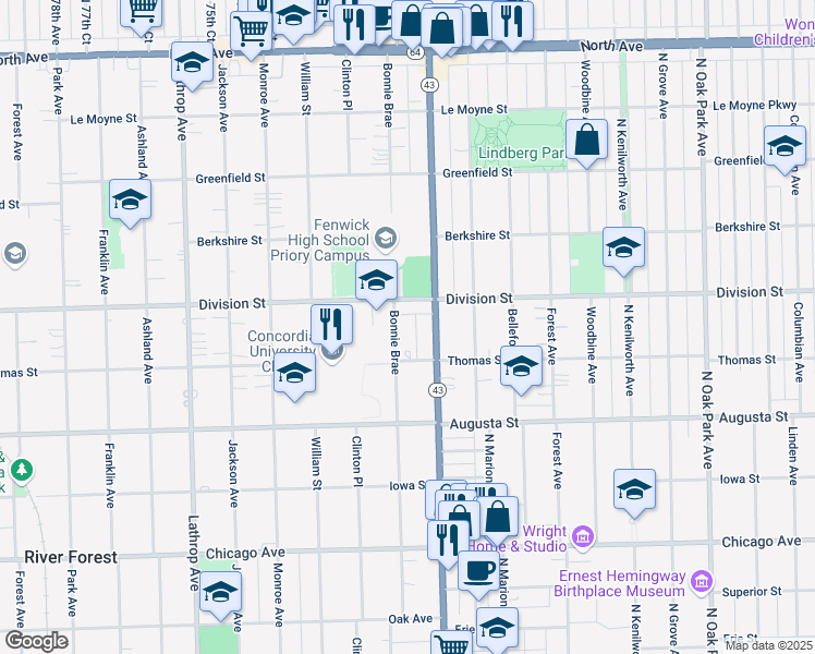 map of restaurants, bars, coffee shops, grocery stores, and more near 1135 Bonnie Brae in River Forest