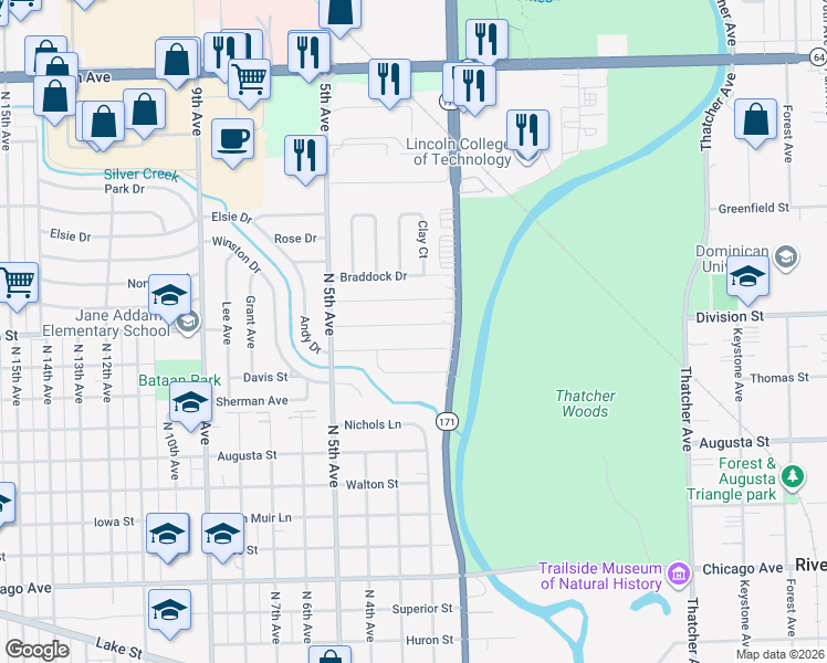 map of restaurants, bars, coffee shops, grocery stores, and more near 261 Division Street in Melrose Park