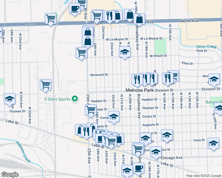 map of restaurants, bars, coffee shops, grocery stores, and more near 1512 North 22nd Avenue in Melrose Park