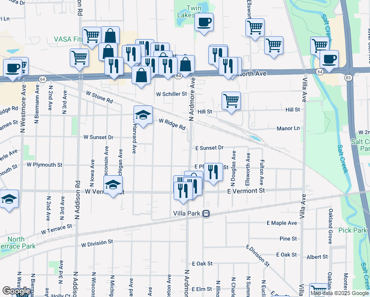 map of restaurants, bars, coffee shops, grocery stores, and more near 558 North Ardmore Avenue in Villa Park
