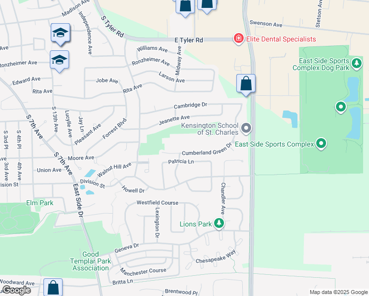 map of restaurants, bars, coffee shops, grocery stores, and more near 1760 Cumberland Green Drive in St. Charles