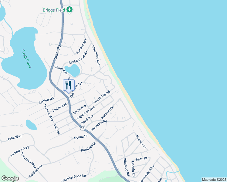 map of restaurants, bars, coffee shops, grocery stores, and more near 75R Brush Hill Road in Plymouth