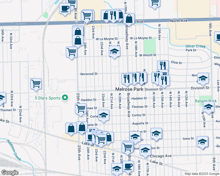 map of restaurants, bars, coffee shops, grocery stores, and more near 1512 North 21st Avenue in Melrose Park