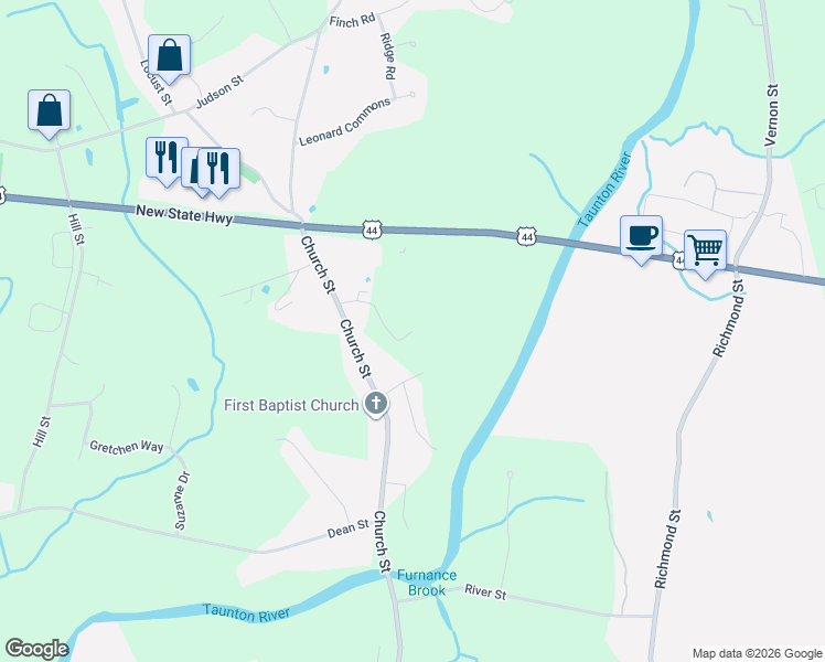 map of restaurants, bars, coffee shops, grocery stores, and more near 535 Church Street in Raynham