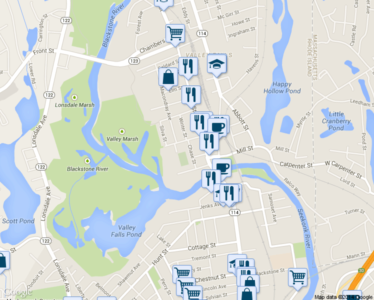 map of restaurants, bars, coffee shops, grocery stores, and more near 20 Chase Street in Cumberland
