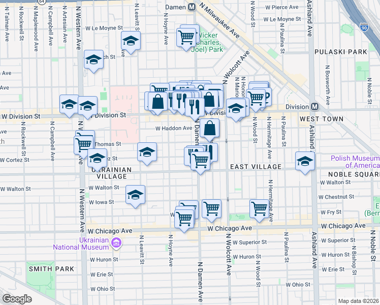 map of restaurants, bars, coffee shops, grocery stores, and more near 2014 West Cortez Street in Chicago