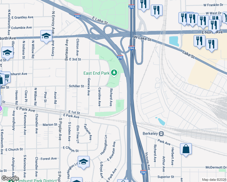 map of restaurants, bars, coffee shops, grocery stores, and more near 163 Richard Avenue in Elmhurst