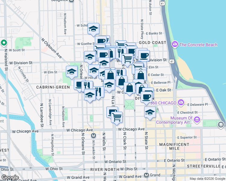 map of restaurants, bars, coffee shops, grocery stores, and more near in Chicago
