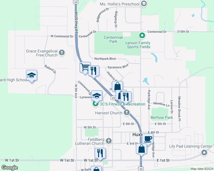 map of restaurants, bars, coffee shops, grocery stores, and more near 806 U.S. 69 in Huxley