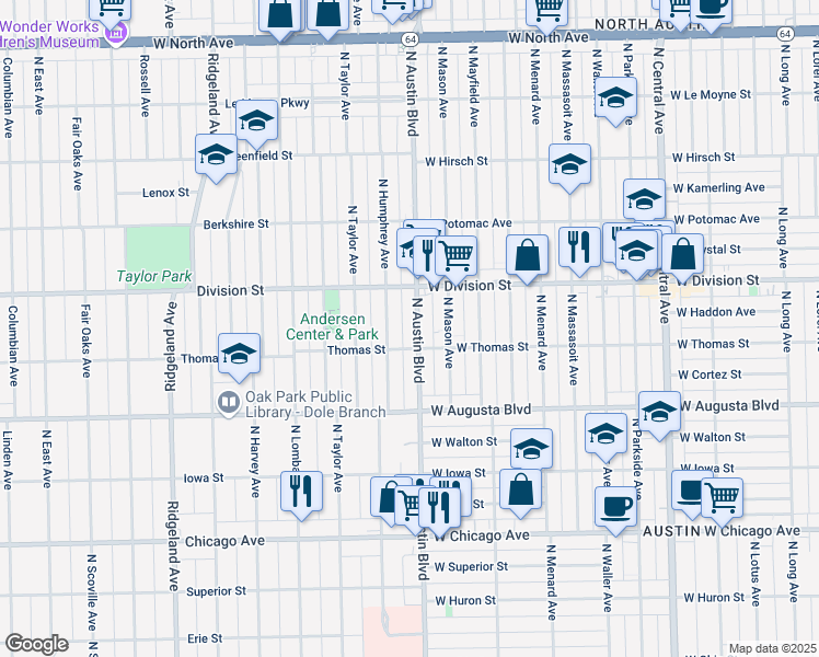 map of restaurants, bars, coffee shops, grocery stores, and more near 1120 North Austin Boulevard in Oak Park