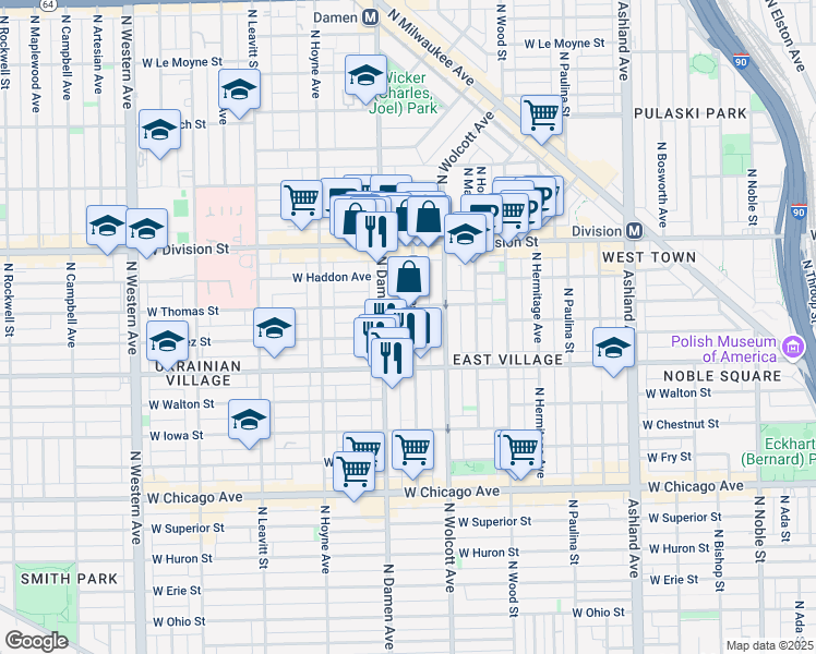 map of restaurants, bars, coffee shops, grocery stores, and more near 1040 North Winchester Avenue in Chicago