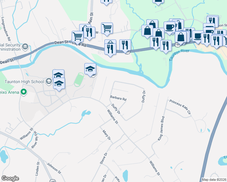 map of restaurants, bars, coffee shops, grocery stores, and more near 27 Duffy Drive in Taunton