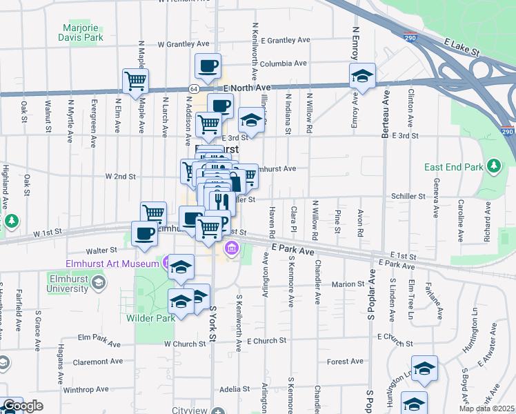 map of restaurants, bars, coffee shops, grocery stores, and more near 162 Schiller Street in Elmhurst