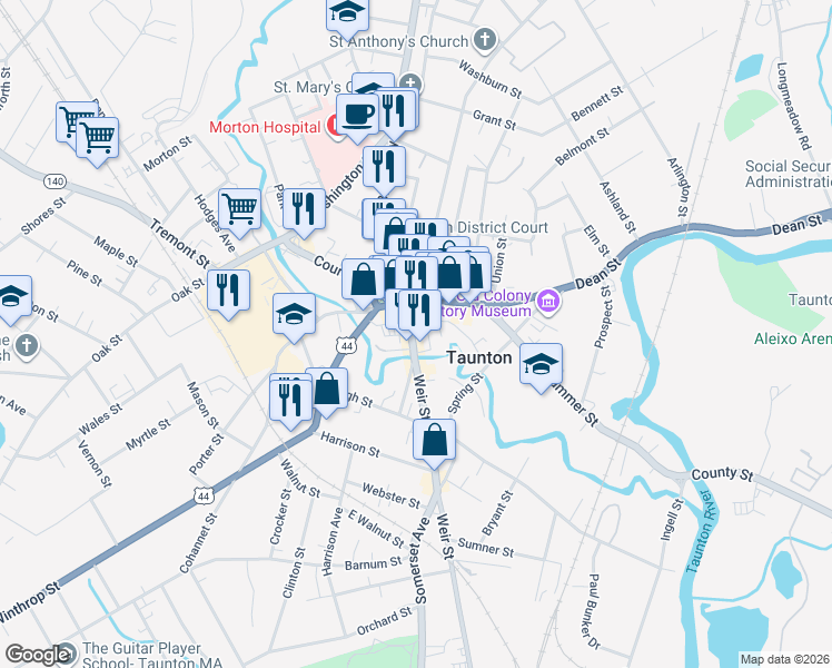 map of restaurants, bars, coffee shops, grocery stores, and more near 26 Weir Street in Taunton