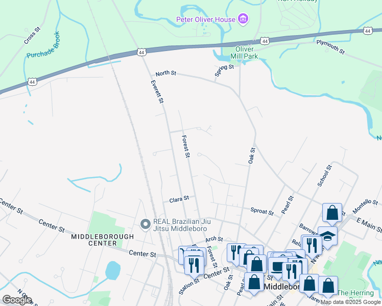 map of restaurants, bars, coffee shops, grocery stores, and more near 39 Becca Lane in Middleborough