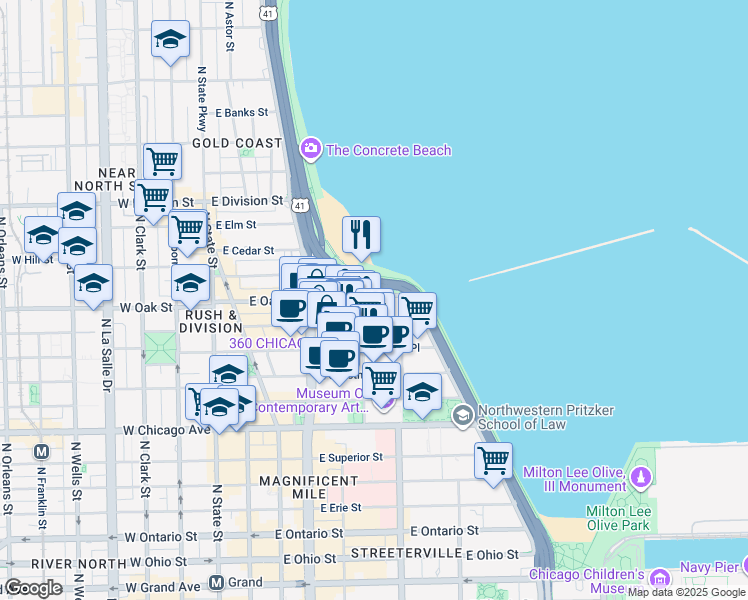 map of restaurants, bars, coffee shops, grocery stores, and more near 231 East Lake Shore Drive in Chicago