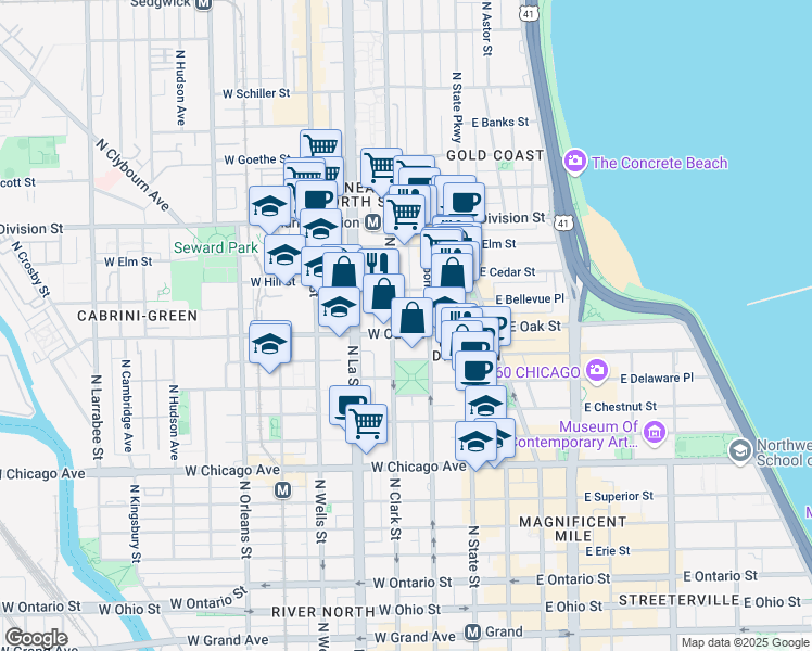 map of restaurants, bars, coffee shops, grocery stores, and more near 1030 North Clark Street in Chicago