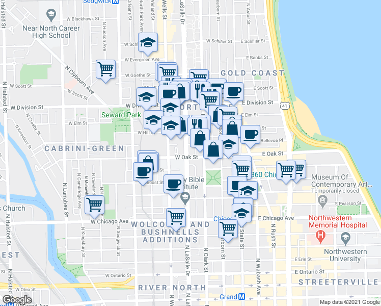 map of restaurants, bars, coffee shops, grocery stores, and more near in Chicago