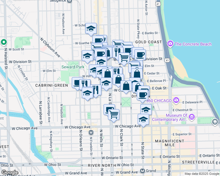 map of restaurants, bars, coffee shops, grocery stores, and more near in Chicago