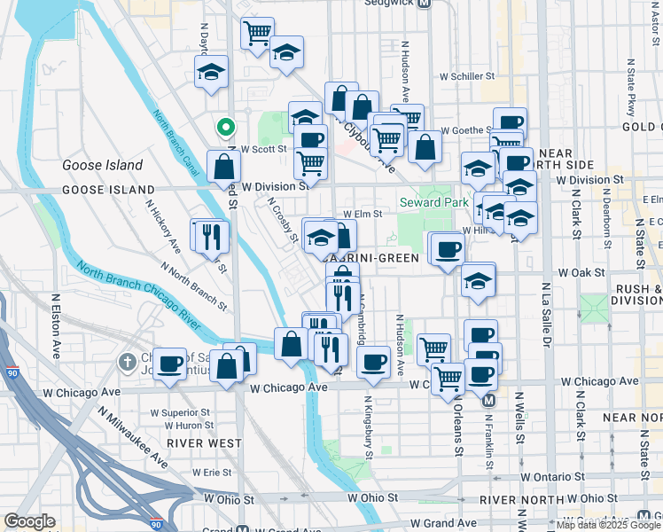 map of restaurants, bars, coffee shops, grocery stores, and more near in Chicago