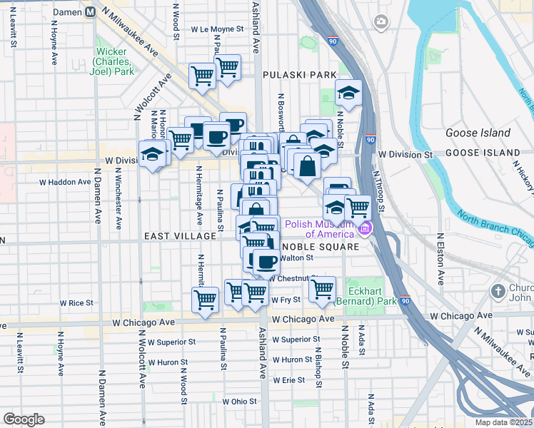 map of restaurants, bars, coffee shops, grocery stores, and more near 1038 North Ashland Avenue in Chicago