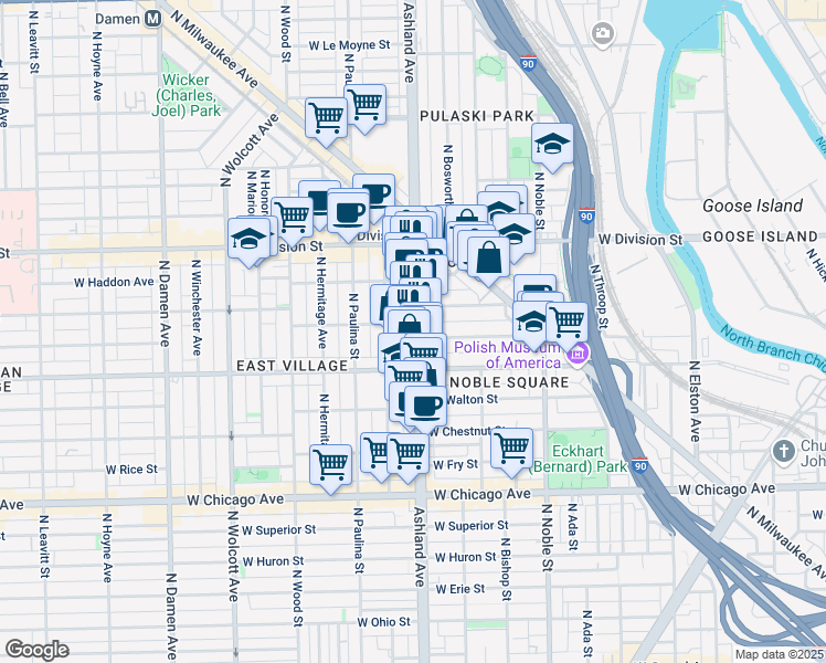map of restaurants, bars, coffee shops, grocery stores, and more near 1038 North Ashland Avenue in Chicago