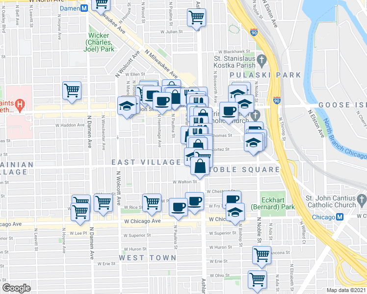 map of restaurants, bars, coffee shops, grocery stores, and more near 1040 North Marshfield Avenue in Chicago