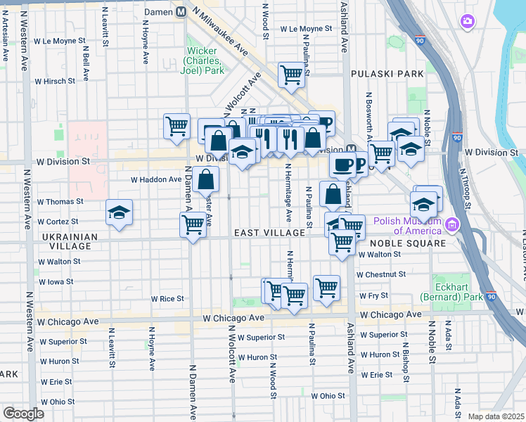 map of restaurants, bars, coffee shops, grocery stores, and more near 1049 North Wood Street in Chicago
