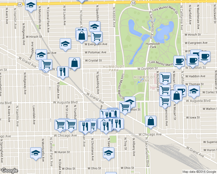 map of restaurants, bars, coffee shops, grocery stores, and more near 3226 West Thomas Street in Chicago