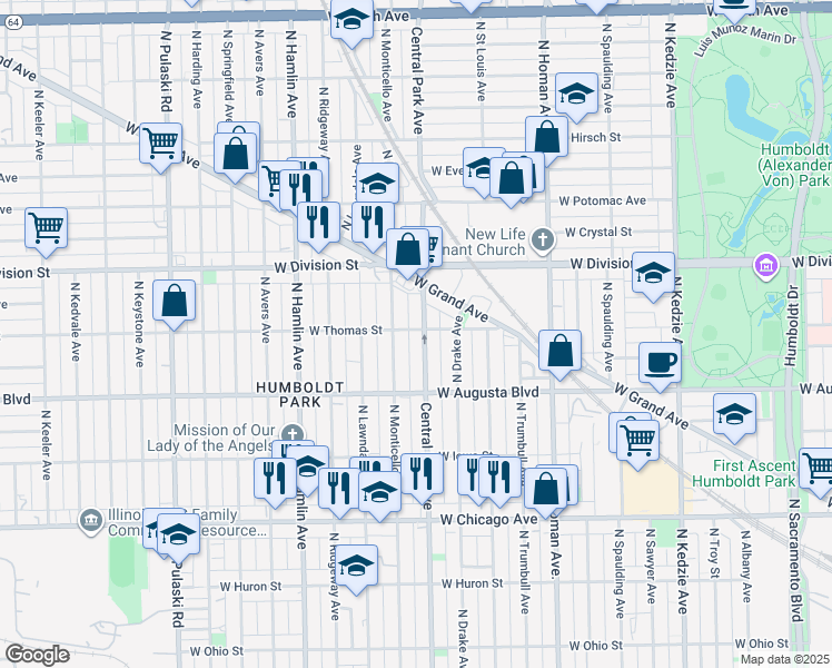 map of restaurants, bars, coffee shops, grocery stores, and more near 1100 North Central Park Avenue in Chicago