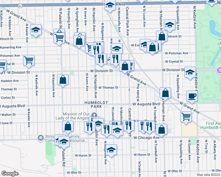 map of restaurants, bars, coffee shops, grocery stores, and more near 3656 West Thomas Street in Chicago