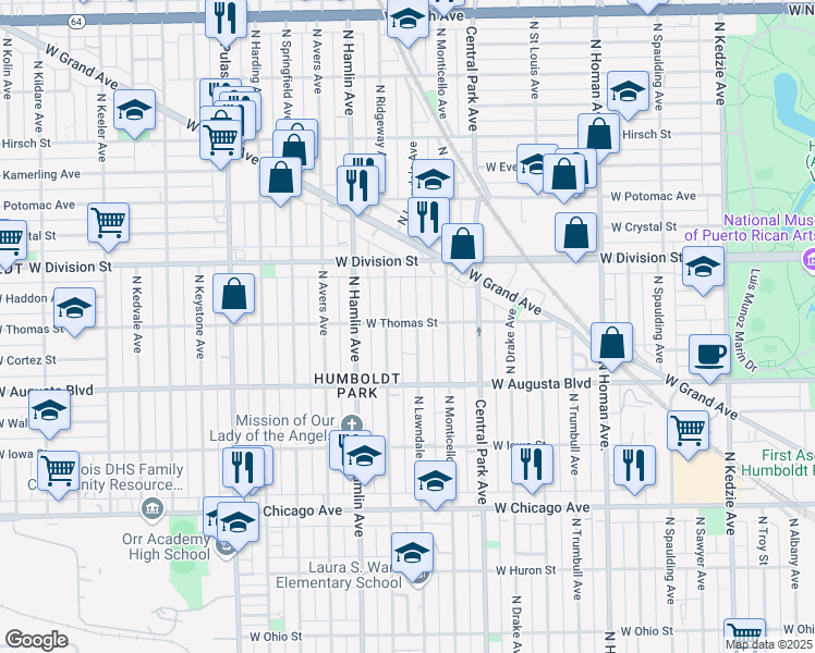 map of restaurants, bars, coffee shops, grocery stores, and more near 1101 North Ridgeway Avenue in Chicago
