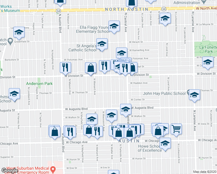 map of restaurants, bars, coffee shops, grocery stores, and more near 1127 North Waller Avenue in Chicago